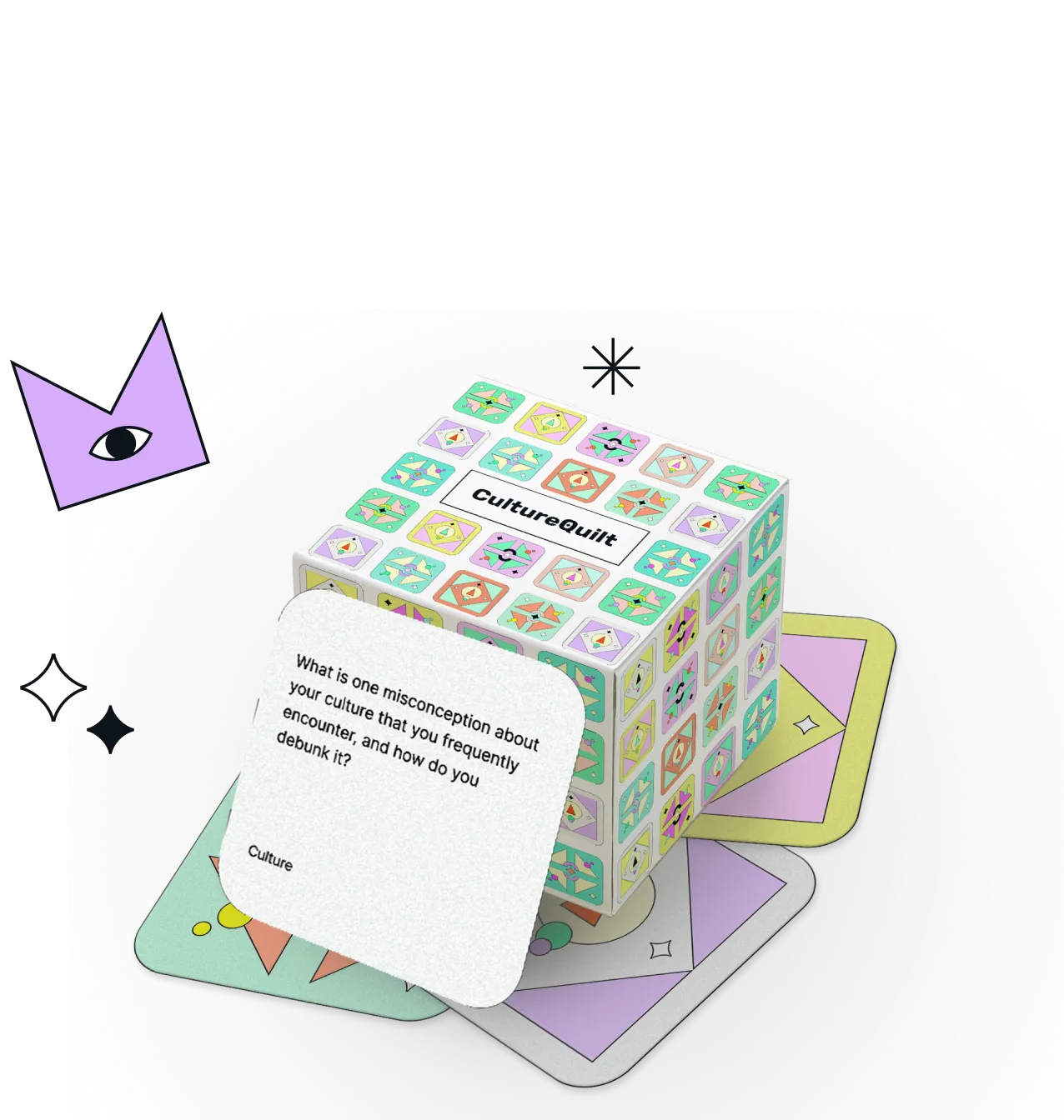 Mockup of the final product design showing the cards and their box.