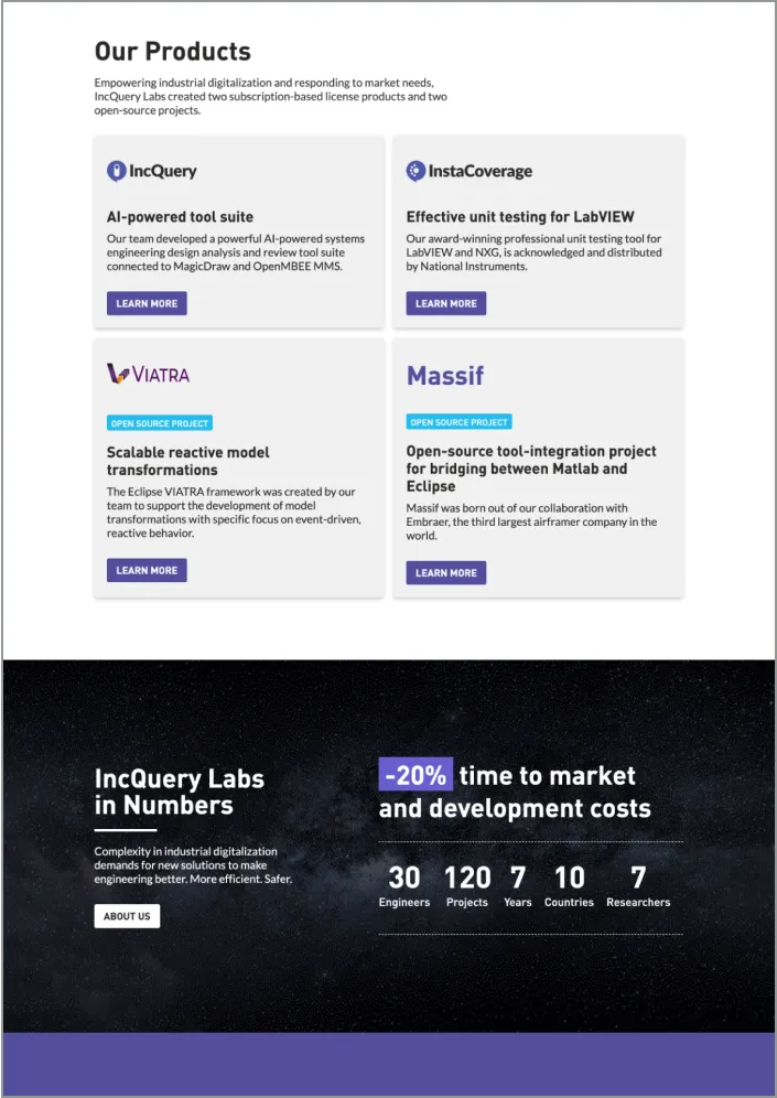 First part of the landing page before the redesign, talking about IncQuery's products.