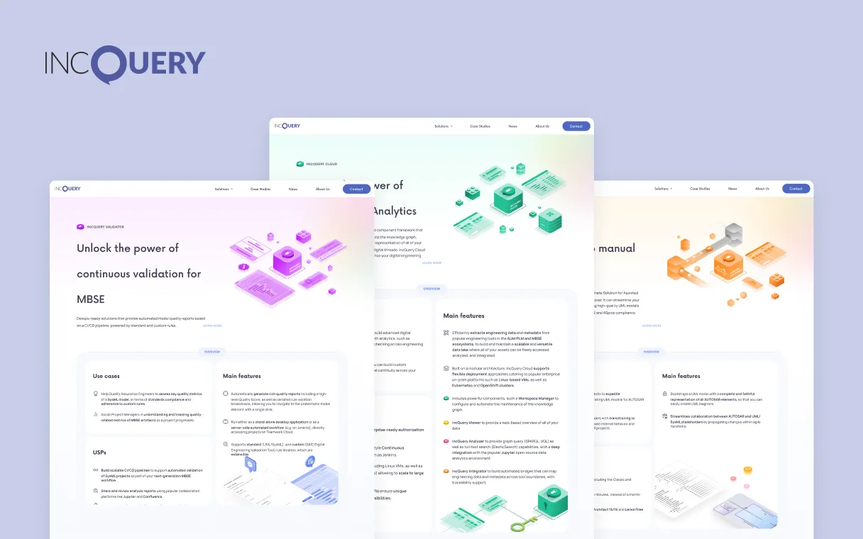 Landing pages of the 3 main solutions: IncQuery Validator, IncQuery Cloud and IncQuery Autosar Bridge.
