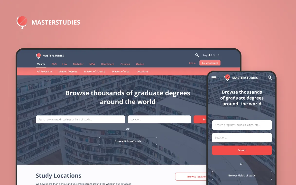Desktop and mobile view of the homepage redesigned for Masterstudies.