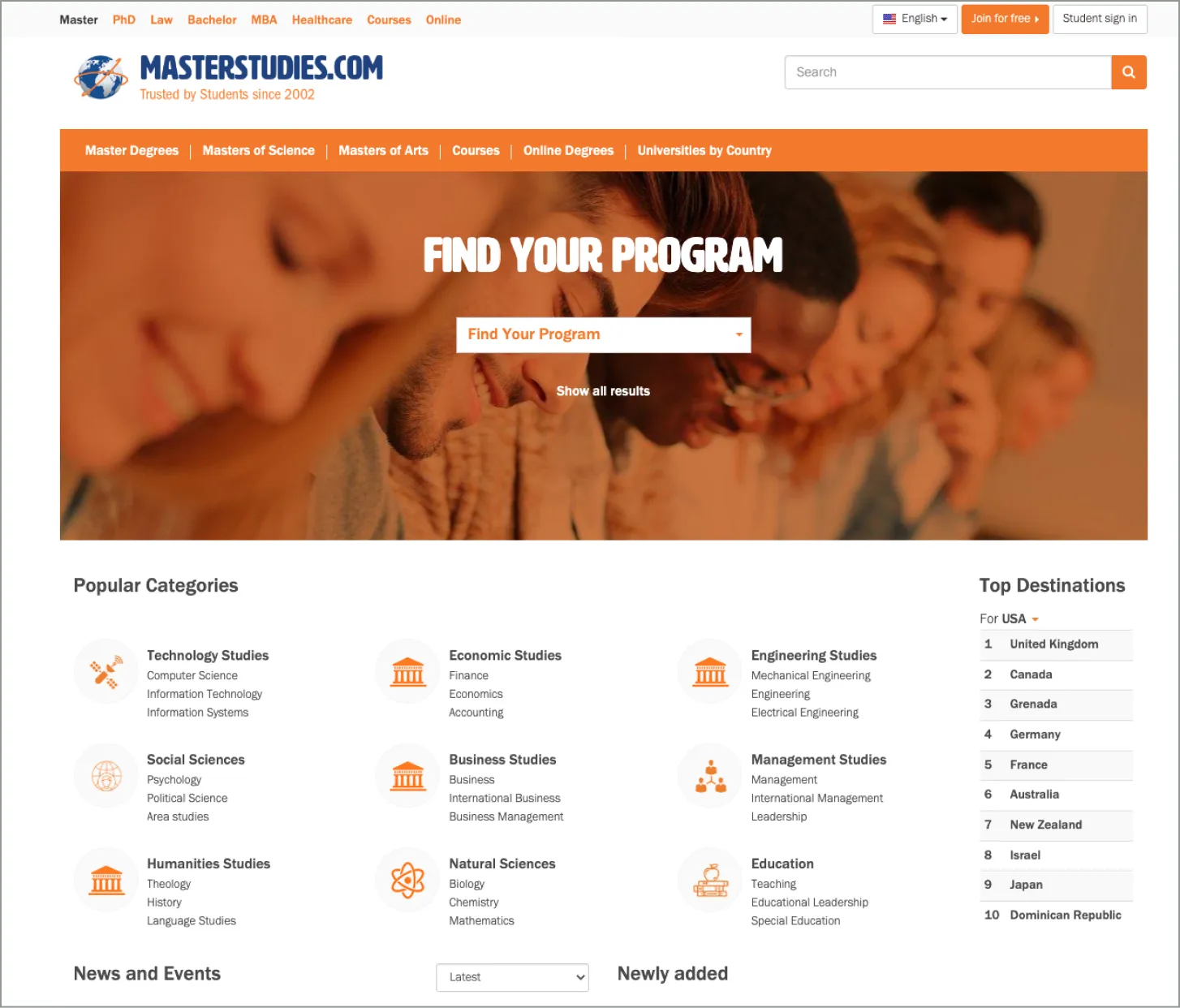 The old design of Masterstudies' main page.