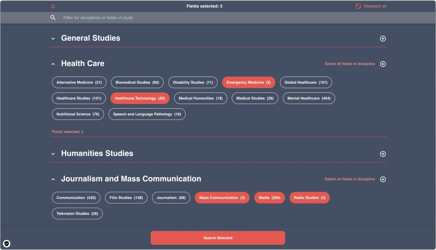 Screen showing the unique filtering system we created,  where students can filter by fields of study or discipline.