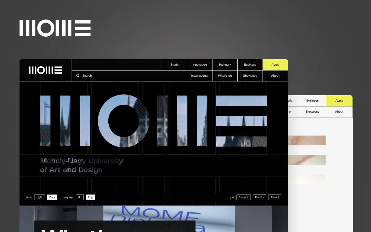 MOME's homepage shown in its 2 versions: dark and light mode.