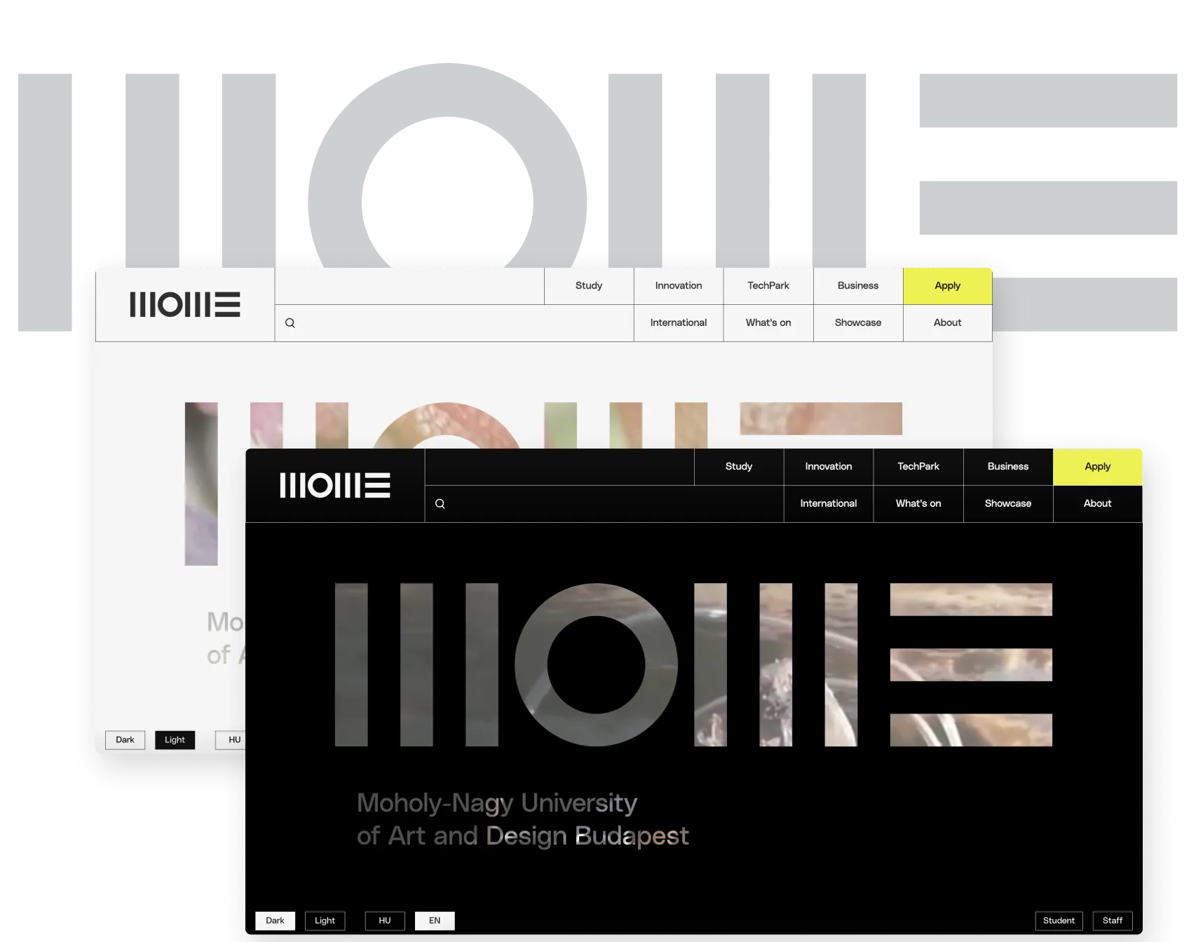 MOME's homepage in light and dark mode.