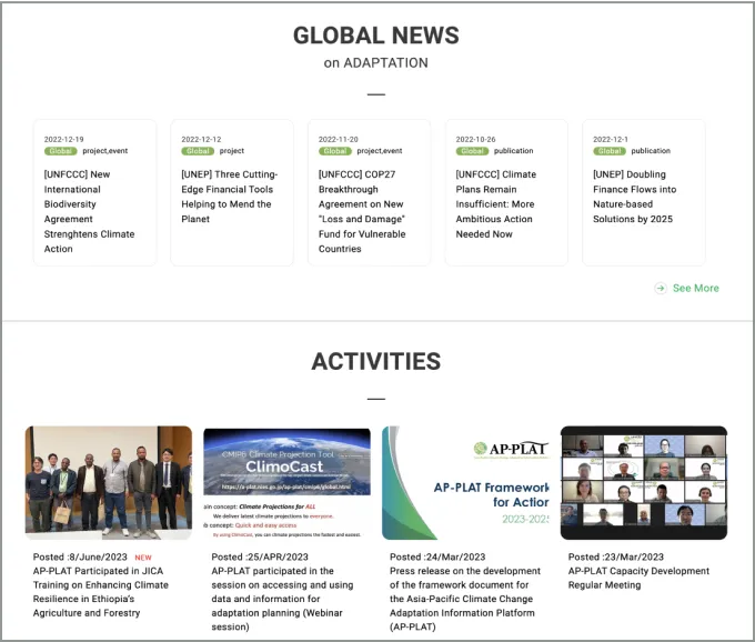 Screenshot of NIES' website showcasing the global news and the activities section.