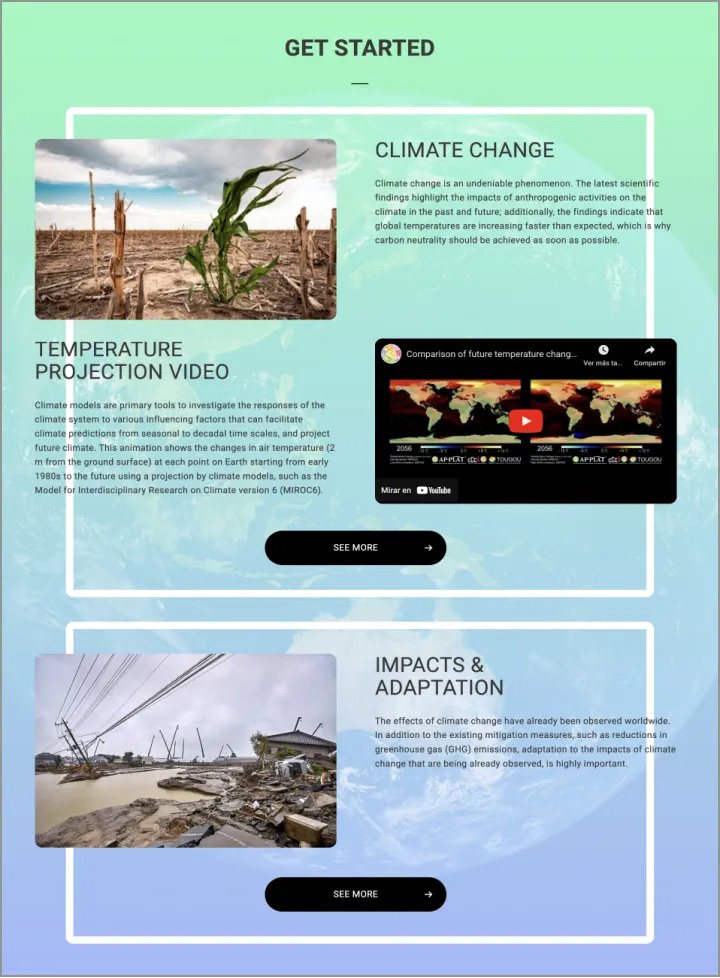 Screenshot of NIES' website showcasing information and images related to climate change, temperature projection and impacts and adaptation.
