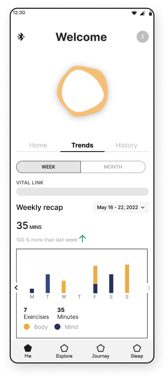 The app home screen featuring a weekly recap of the exercise done by the user.