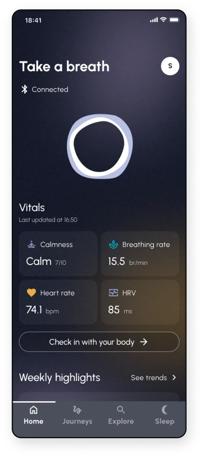 The app home screen featuring information of vitals such as, calmness, breathing rate, heart rate and HRV.