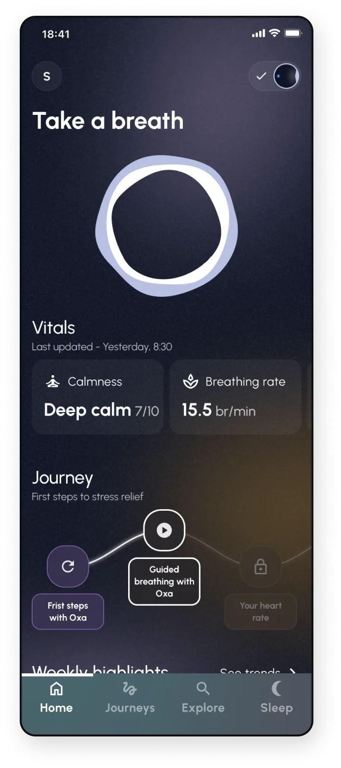 The app home screen featuring information of vitals such as, calmness and breathing rate, and a journey with steps for stress relief.