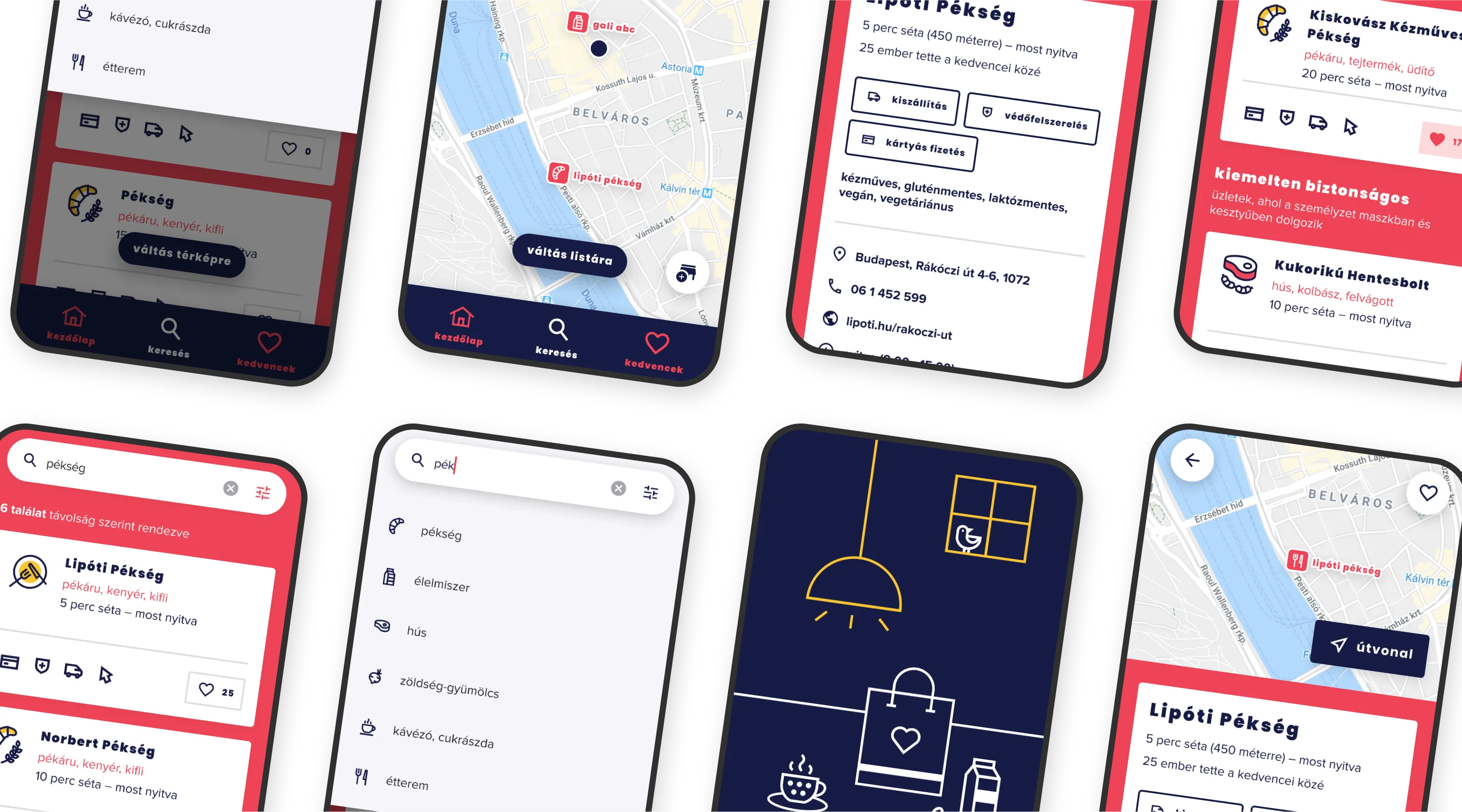 Multiple screen designs in mockups showcasing multiple things such as the map, search results, and individual shop pages.