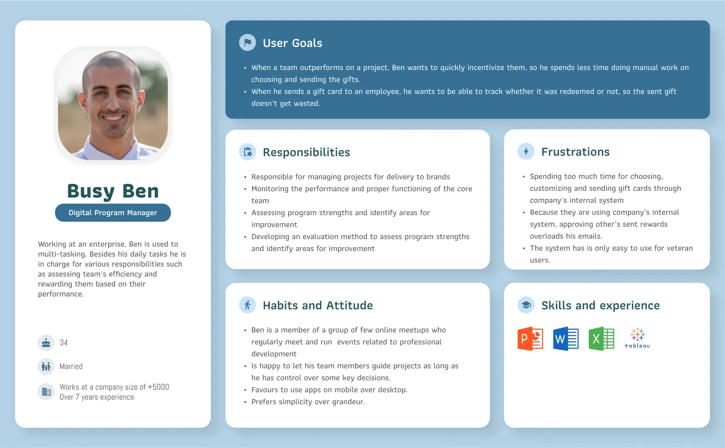 Target audience card featuring position, user goals, and habits among other things.