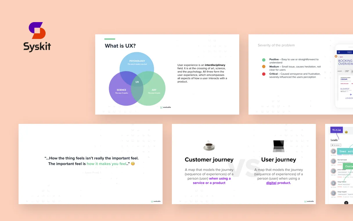 Screenshots of some slides that were used in the training related to what is UX.