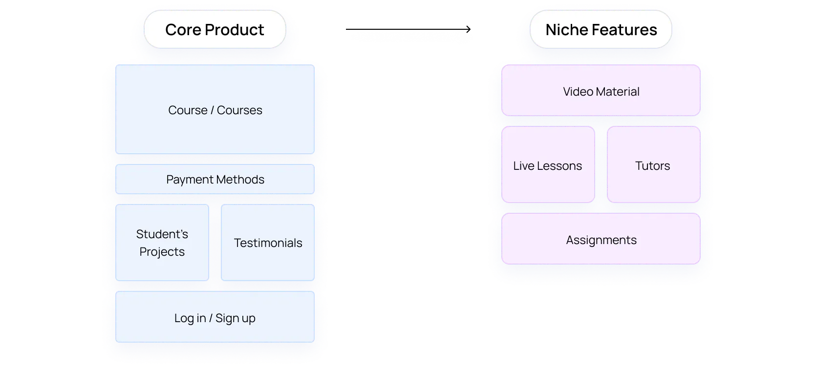 Diagram displaying the core product elements and the niche features. The latter ones are: video material, live lessons, tutors and assignments.
