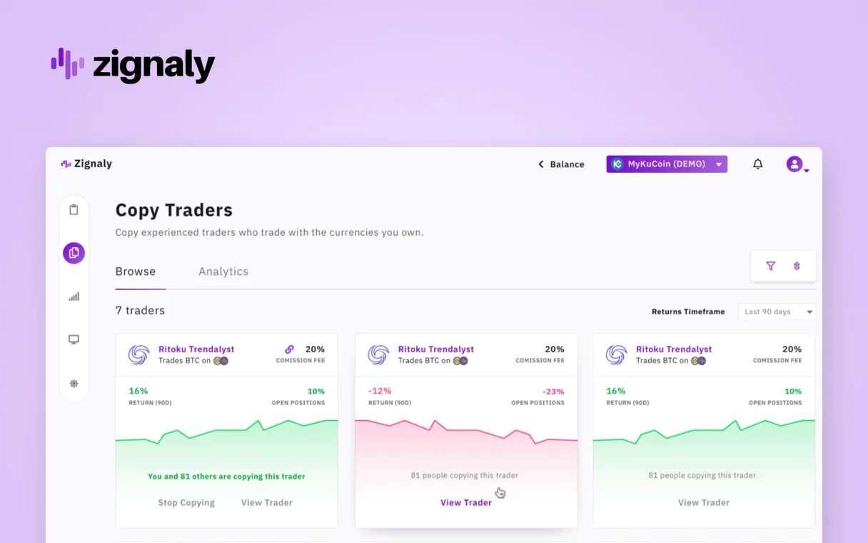 The new design of the Zignaly's interface which displays the "Copy Traders" subpage.
