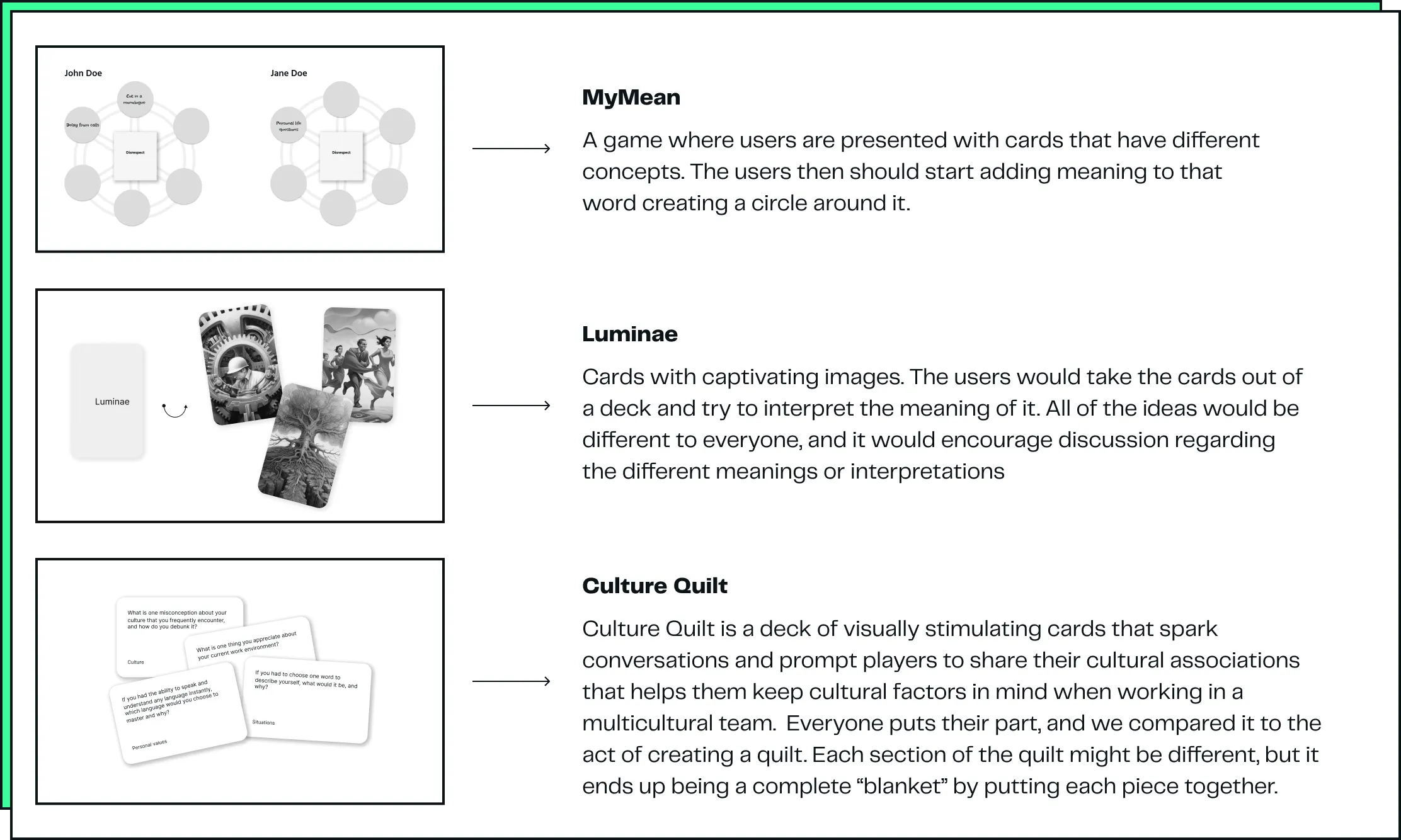 We had 3 different physical card game ideas: MyMean, Luminae and Culture Quilt