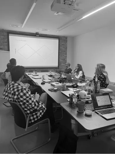 Picture of Syskit's team looking at the Double Diamond Framework.