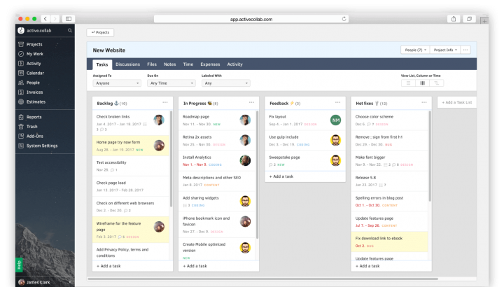 Product management tools: Active Collab screen