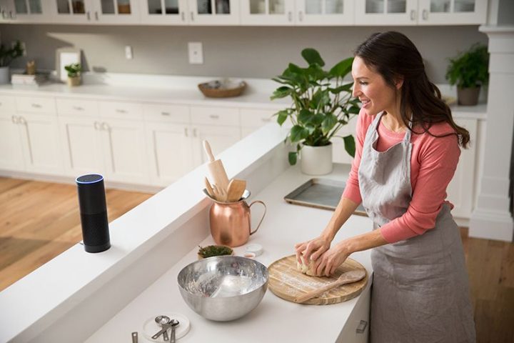 Voice navigation: Woman talking in a kitchen