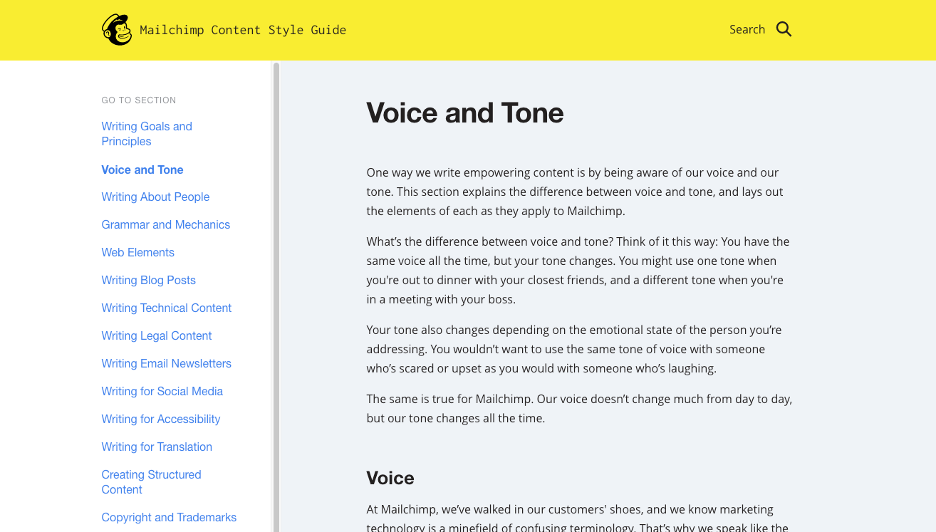Mailchimp voice and tone brand strategy example