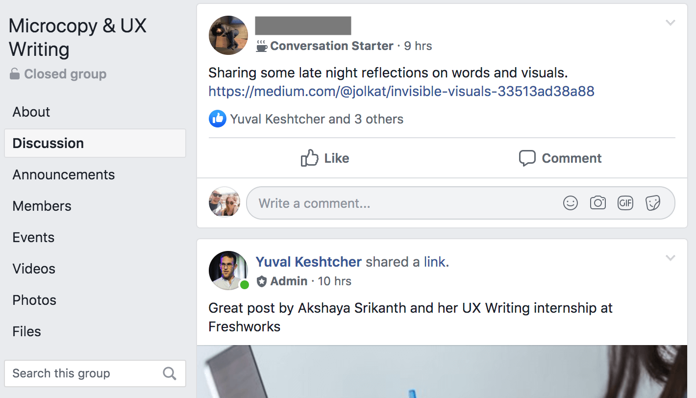Yuval Keshtcher's ux writing facebook group