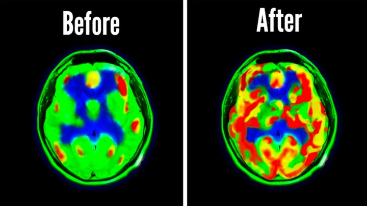 Before and after MRI brain scan showing changes in brain activity.