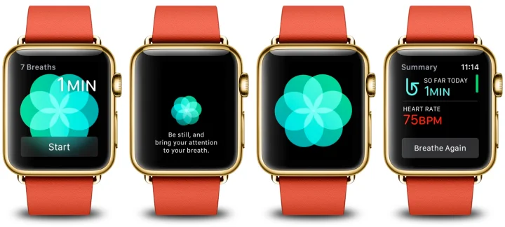  Four Apple Watches showcasing different screens related to mental health monitoring.