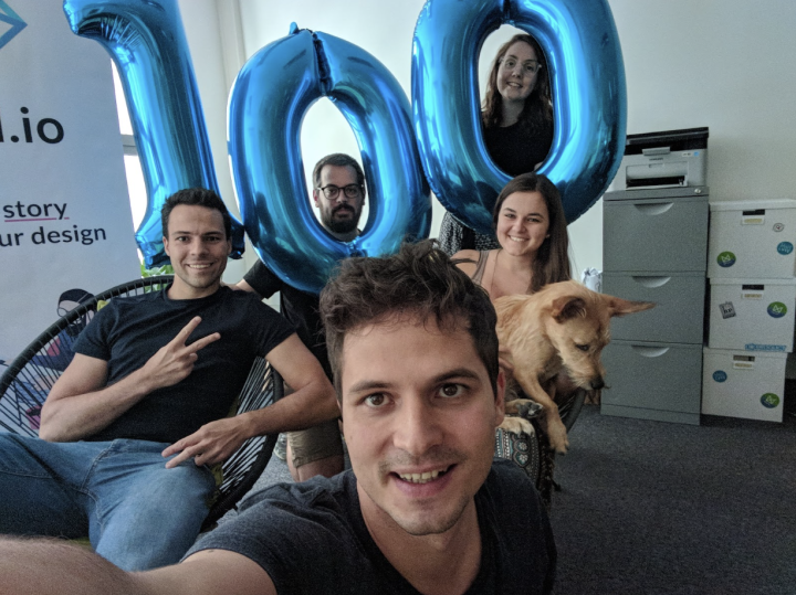 Collegues celebrating UX Folio when it reached the first 100 paying users milestone in 2018, October.