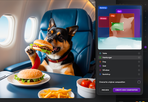 AI generated image of a dog eating a hamburger