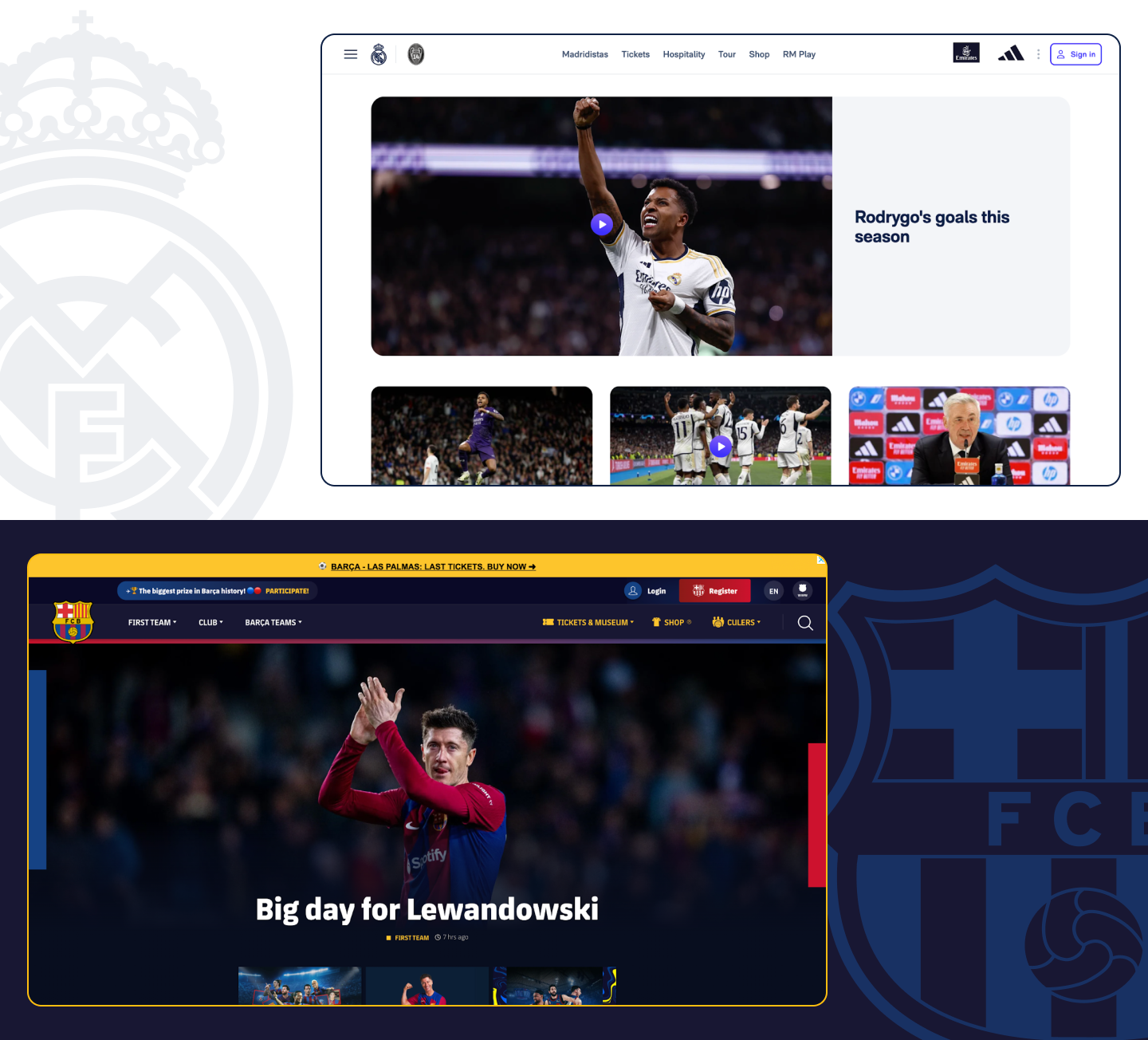 Screenshot of the home page of Real Madrid (on top) and Barcelona (bottom)
