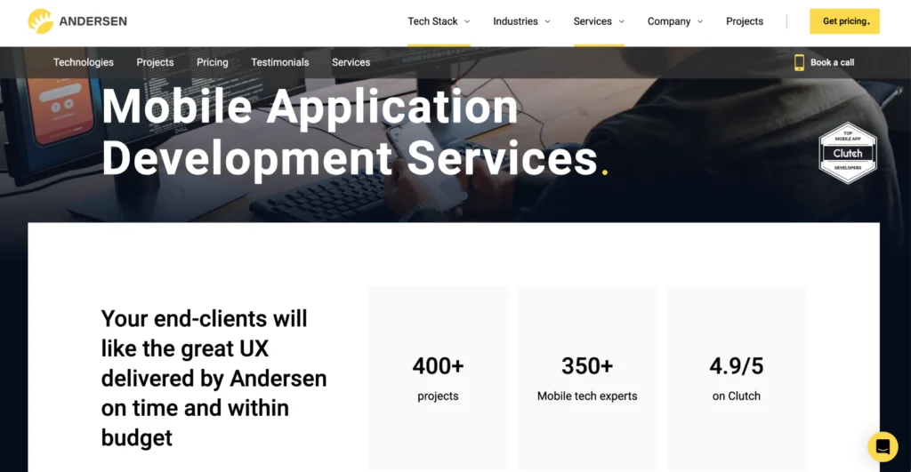 Andersenlab promotes their mobile application development services on its home page.