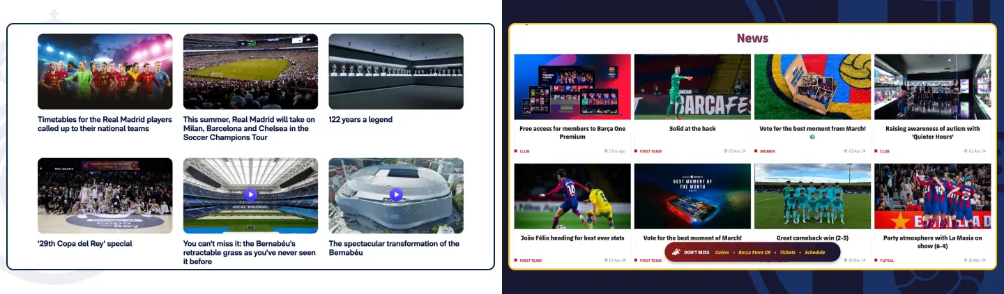 Screenshot from Real Madrids (left) and Barcelona's (right) homepage showing news cards